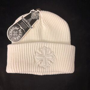 Chrome Hearts Cream Ribbed Beanie with Leather Cross Patch